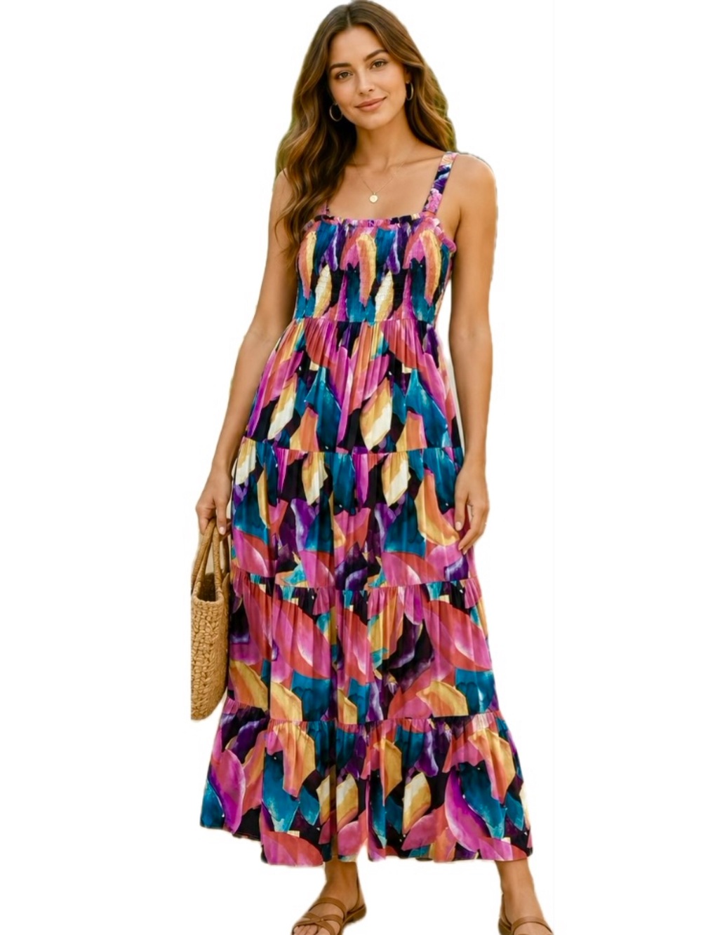 Abel the Label Tiered Smocked Maxi Sundress Size Small NWT Abstract Print